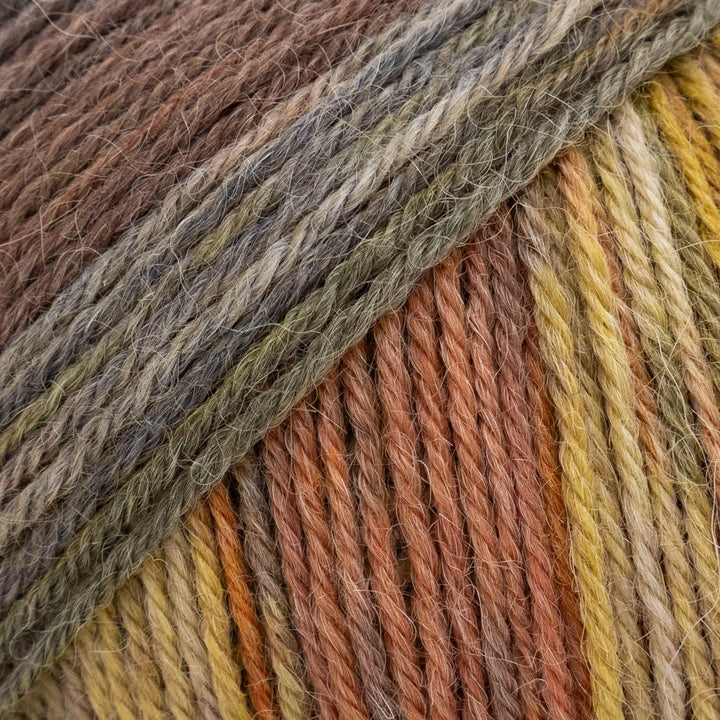 Close-up of multicolored yarn with earthy tones.