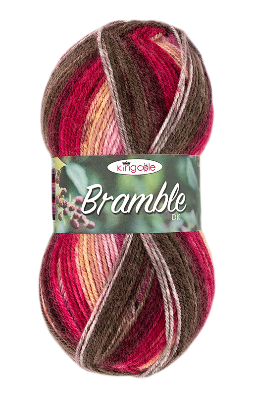 Multicolored skein of yarn with 'King Cole Bramble' label on a white background