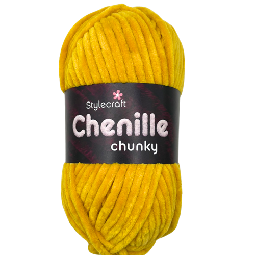 Yellow chenille chunky yarn with Stylecraft label on a white background