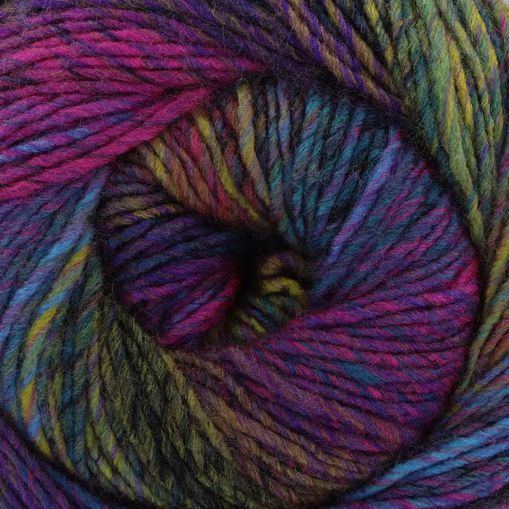 Multicolored skein of yarn with purple, blue, and green hues.