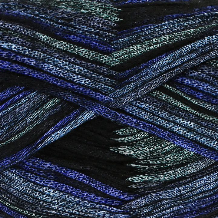 Close-up of blue and green yarn with a dark background
