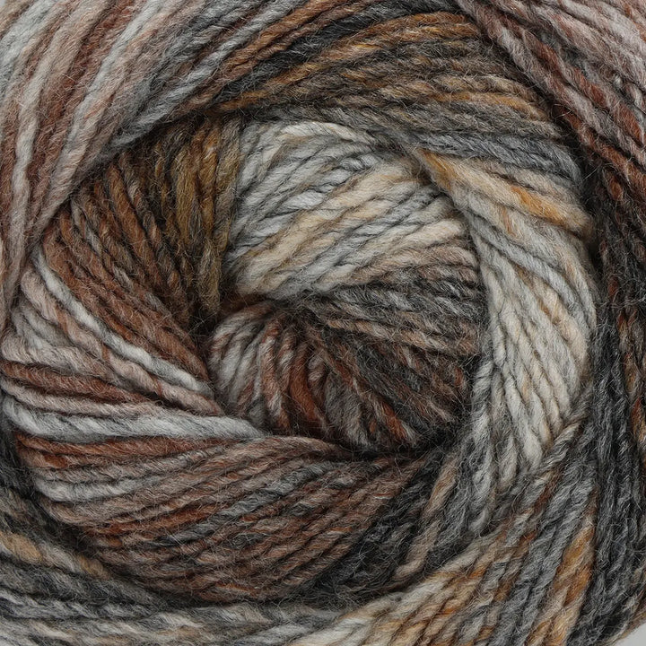 Close-up of a skein of multicolored yarn with brown, gray, and beige tones.