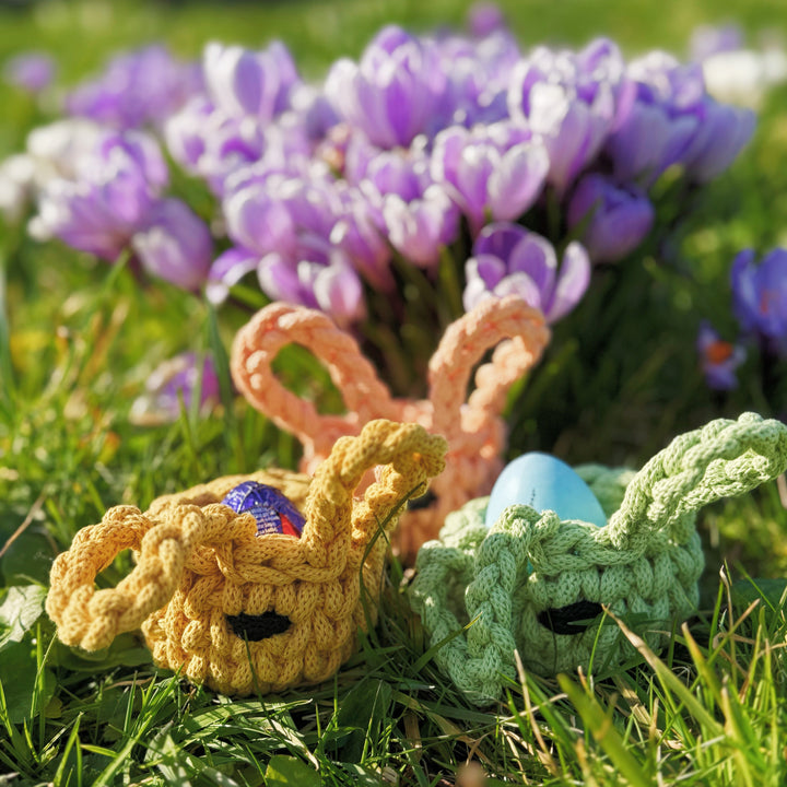 Handmade yellow, green and peach crocheted Easter bunny baskets with long, floppy ears, sitting in grass in front of blooming purple crocuses. The yellow basket holds a foil-wrapped chocolate egg, with bright spring sunlight illuminating the scene.