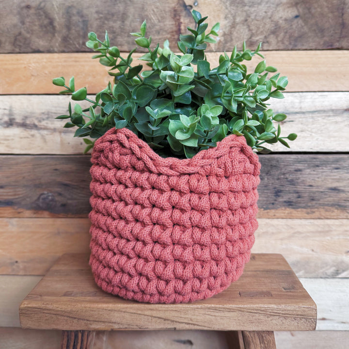A chunky crocheted planter in a terracotta colour, filled with green eucalyptus foliage, displayed on a rustic wooden stool against a wooden plank wall.