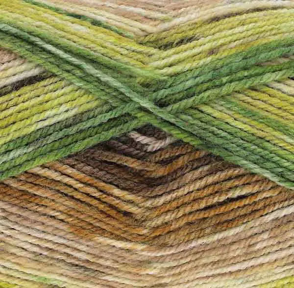 Close-up of multicolored yarn with green, brown, and beige tones.