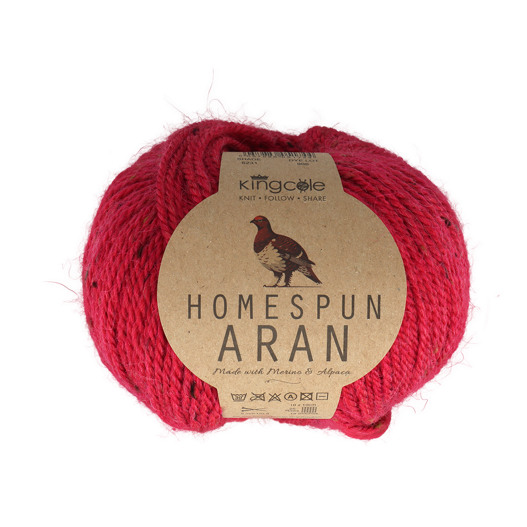 Red ball of homespun aran yarn with a King Cole label on a white background