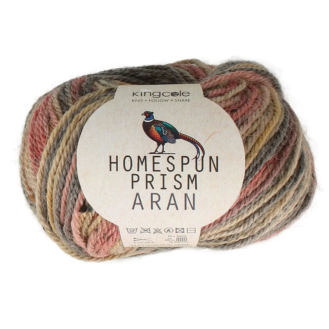 Ball of yarn with 'Homespun Prism Aran' label on a white background