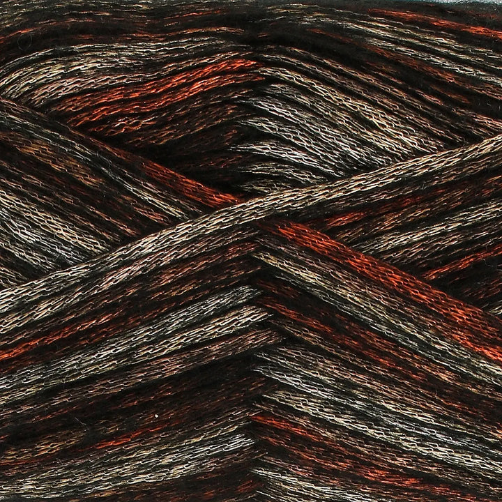 Close-up of multicolored yarn with red, black, and gray tones.