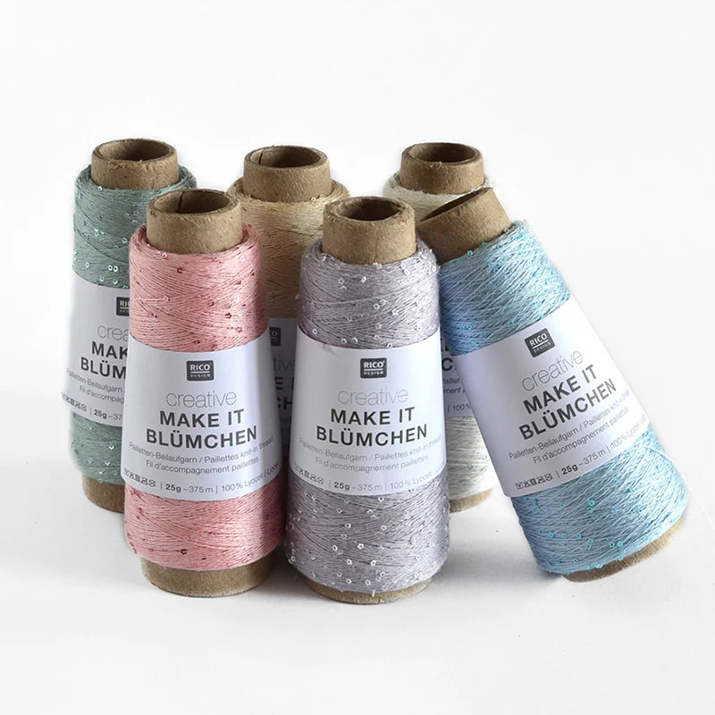 Set of yarn spools with 'Make It Blumchen' labels on a white background
