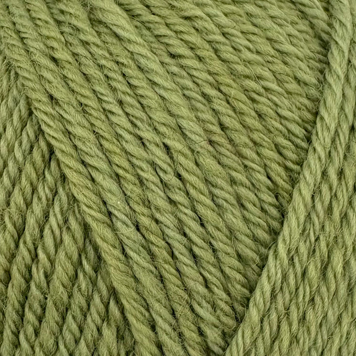 A close-up of olive green yarn strands twisted into a skein, showing the texture and color of the wool or acrylic fiber.
