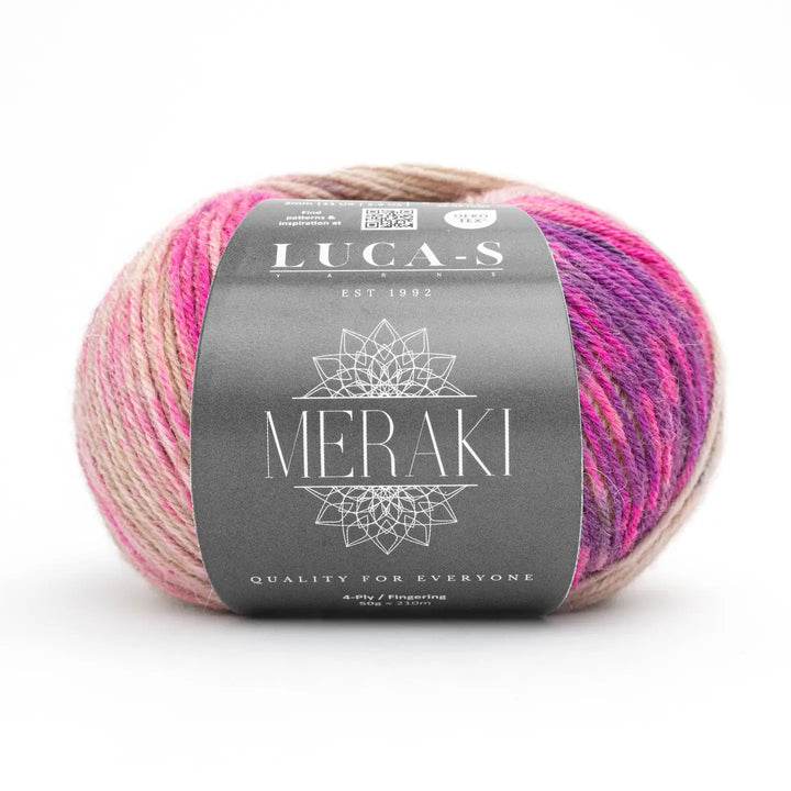 Ball of pink and beige yarn with a Meraki label on a white background
