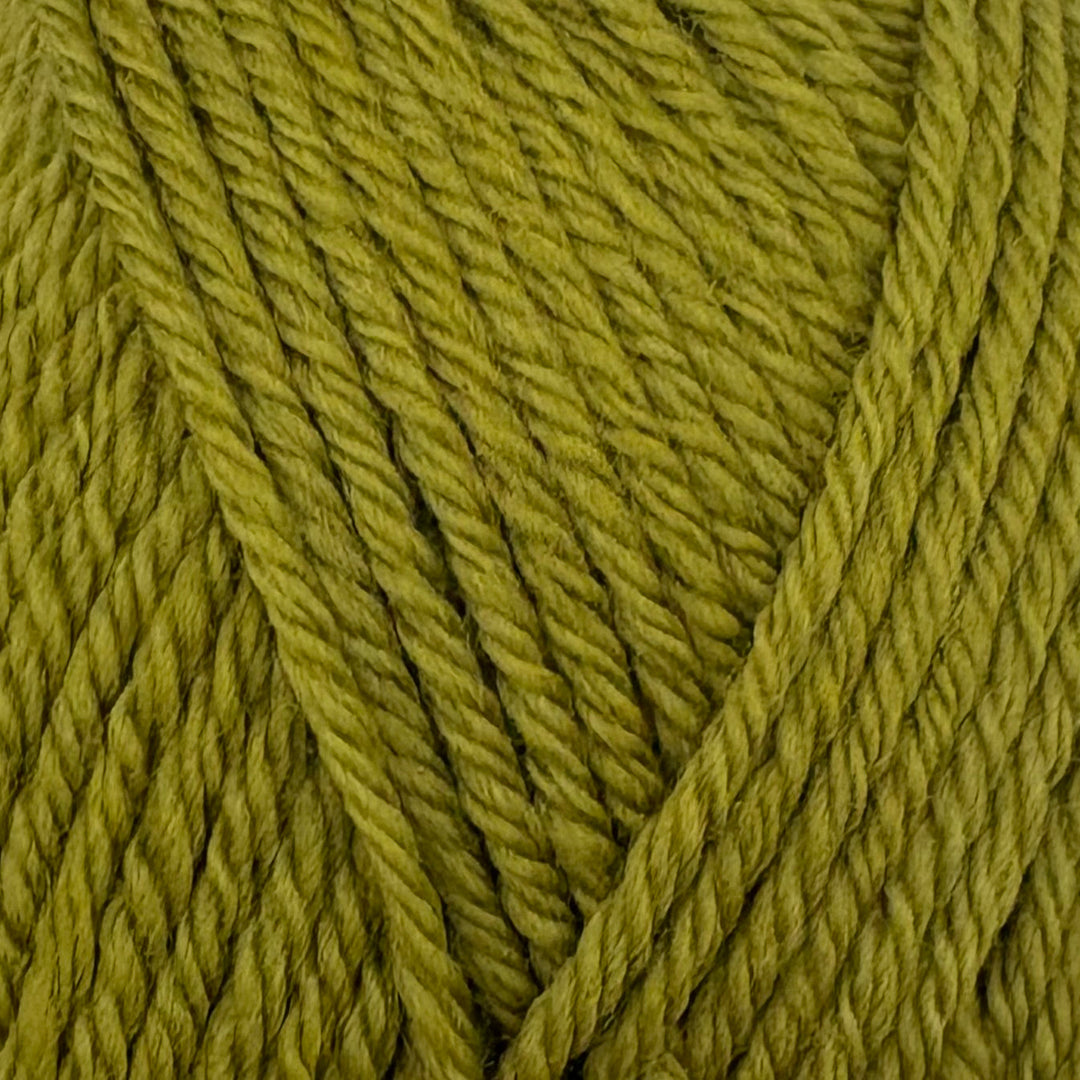 A close-up of olive green yarn strands twisted into a skein, showing the texture and color of the wool or acrylic fiber.