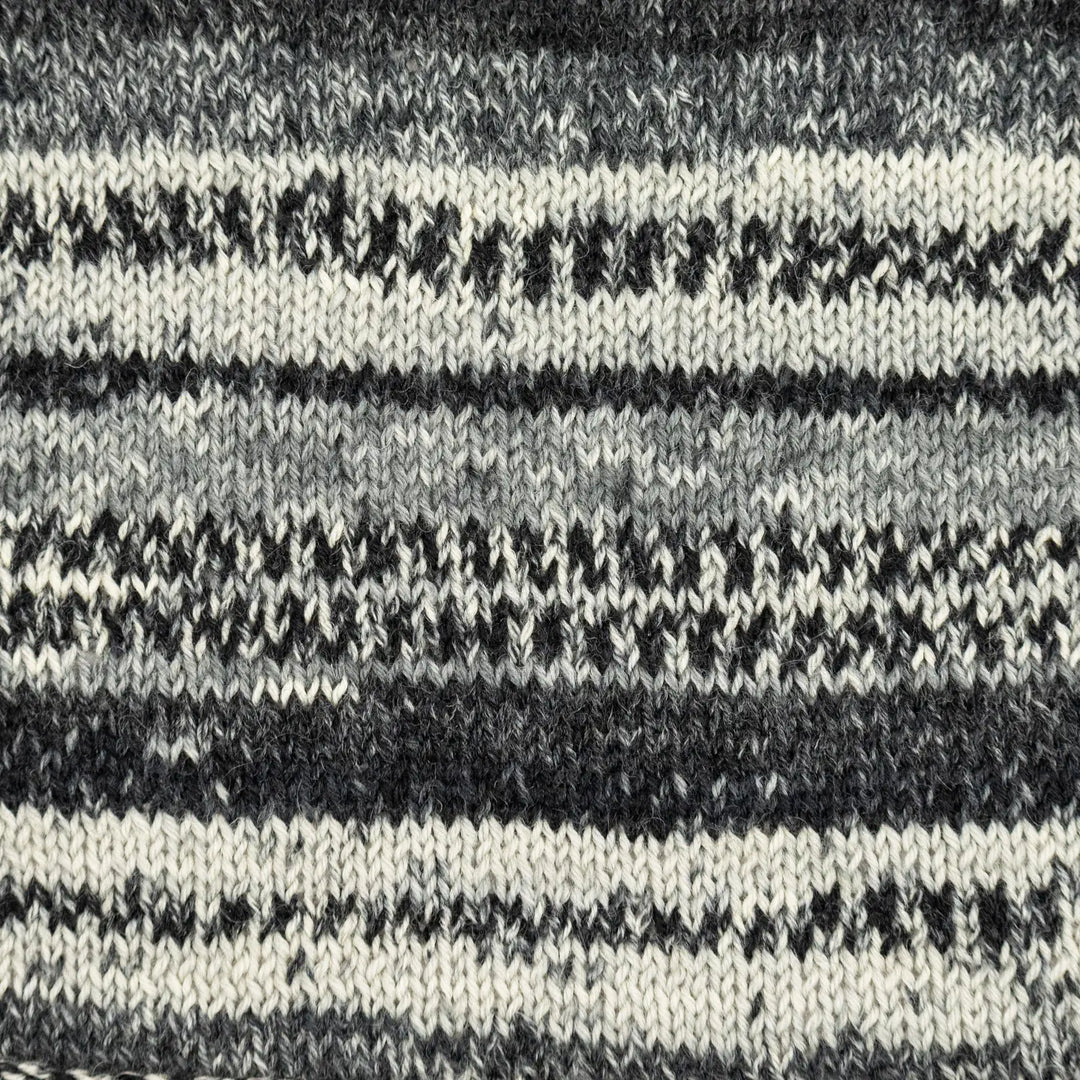 Close-up of a knitted fabric with black and white stripes.