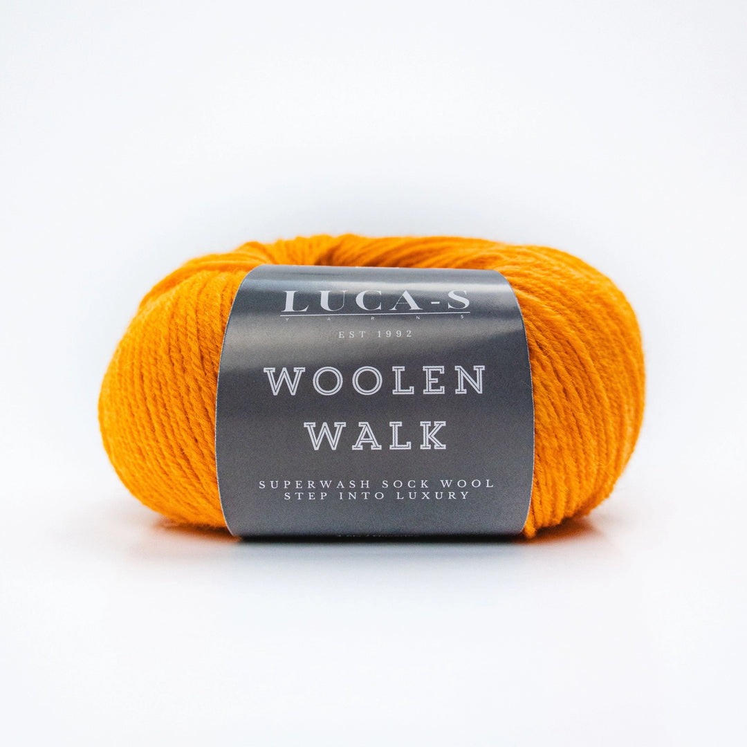 Orange yarn skein with 'Luca-S Woolen Walk' label on a white background