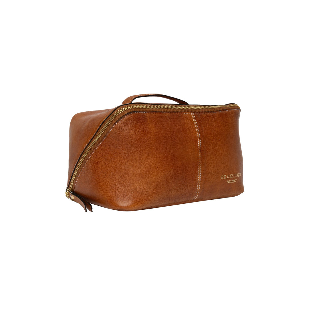 Brown leather bag with a visible brand name on a white background