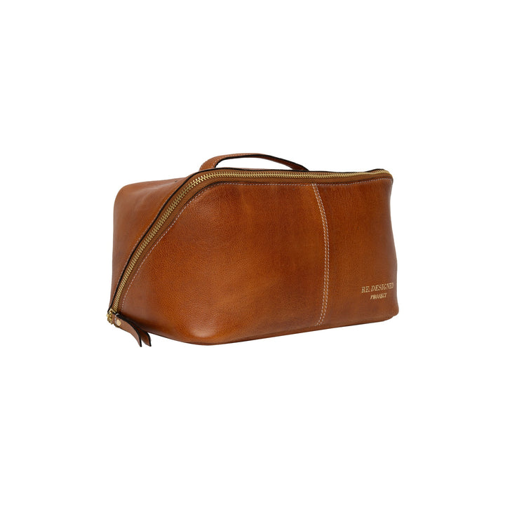 Brown leather bag with a visible brand name on a white background
