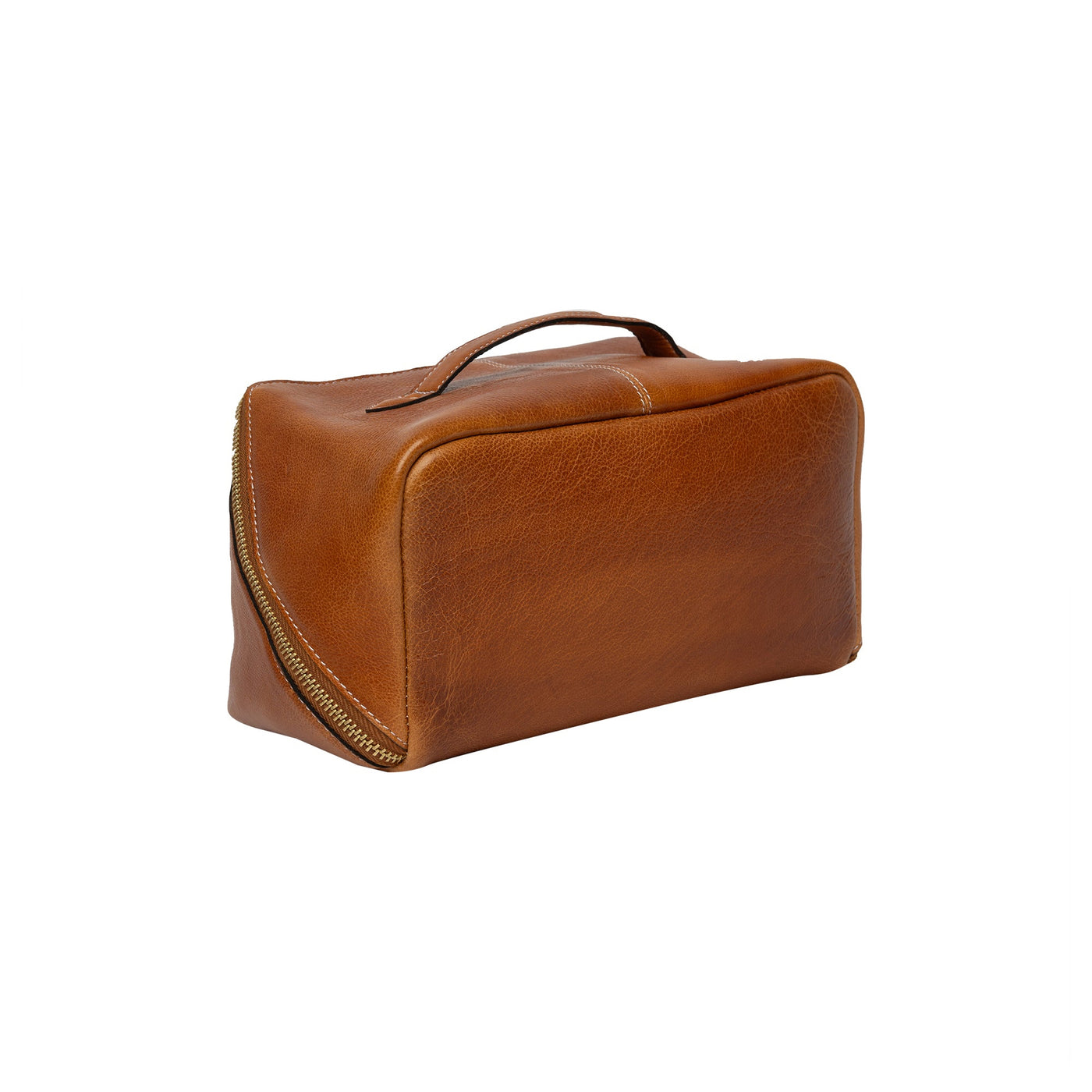 Brown leather toiletry bag on a white background