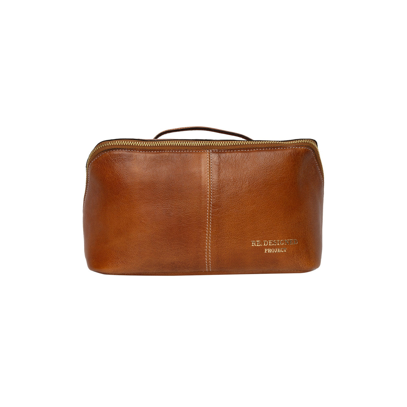Brown leather toiletry bag on a white background