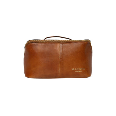 Brown leather toiletry bag on a white background