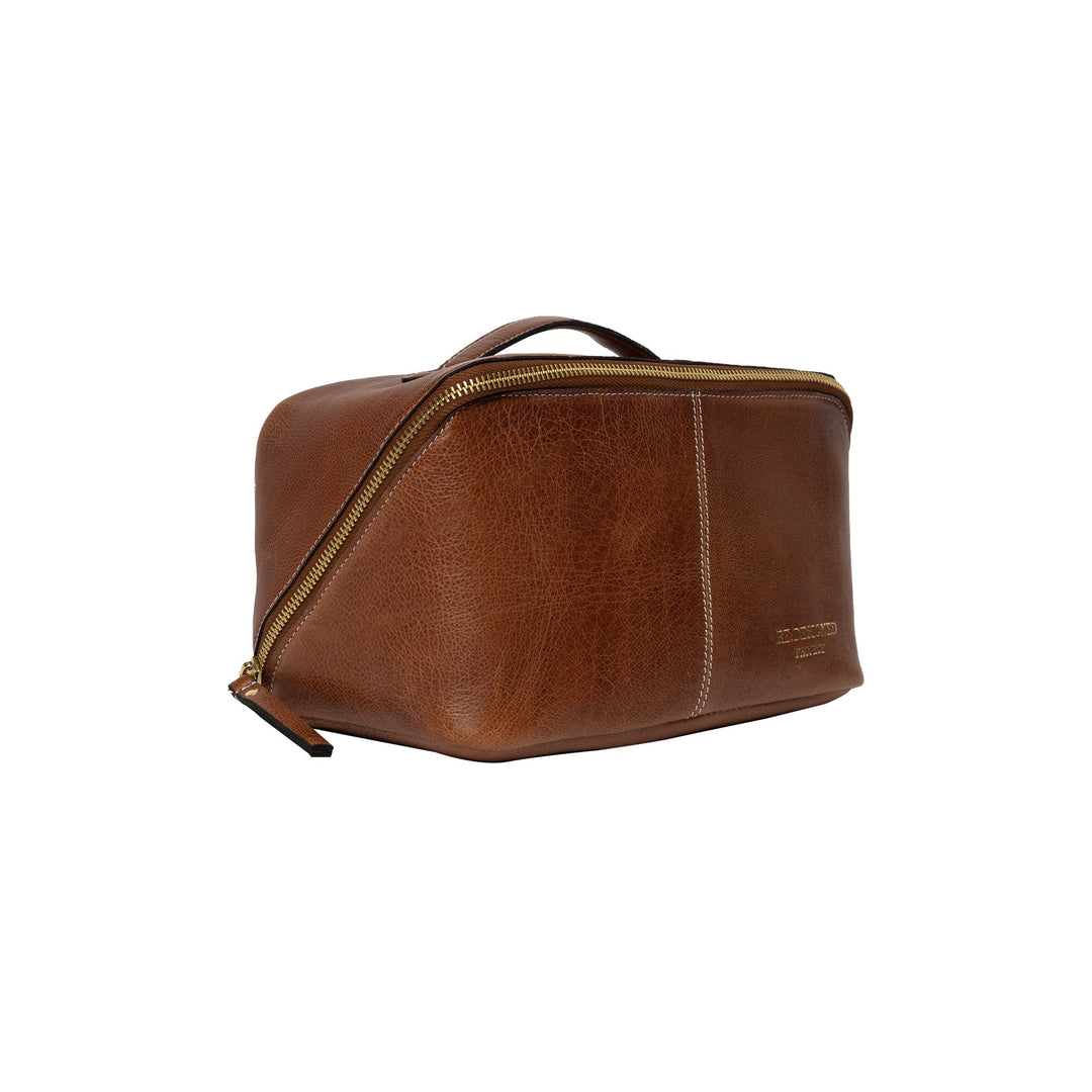 Brown leather yarn bag with visible brand name on a white background