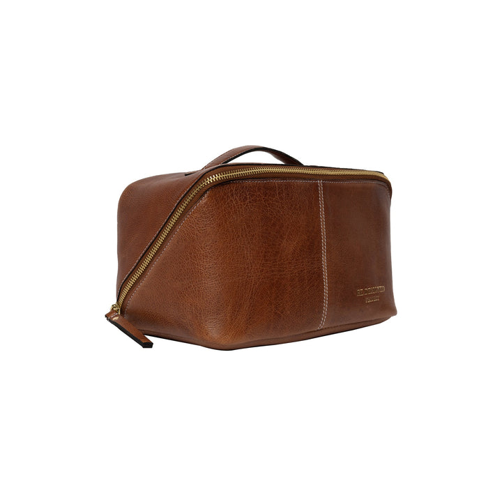 Brown leather yarn bag with visible brand name on a white background