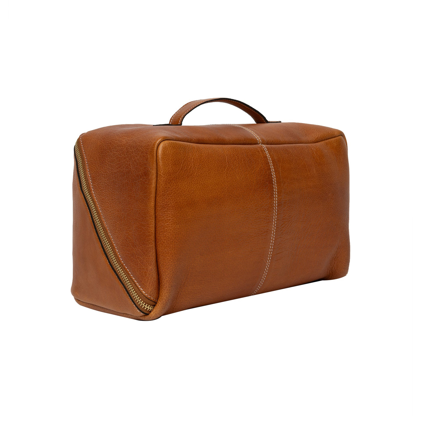 Brown leather toiletry bag on a white background