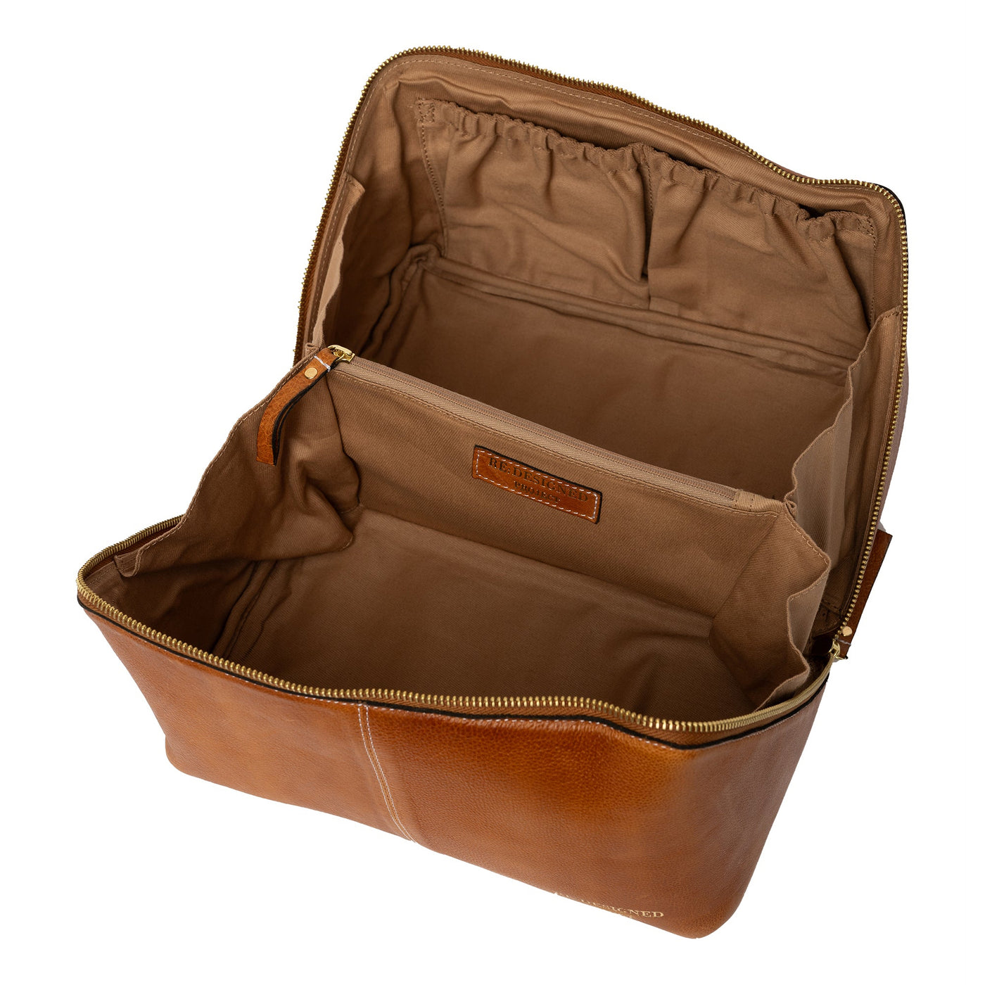 Brown leather travel bag with open compartments on a white background