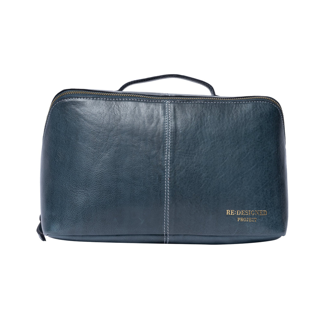 Blue leather yarn bag with 'Redesigned' branding on a white background