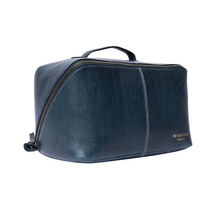 Blue leather yarn bag on a white background