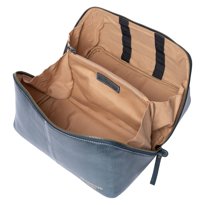Open blue bag with beige interior on a white background