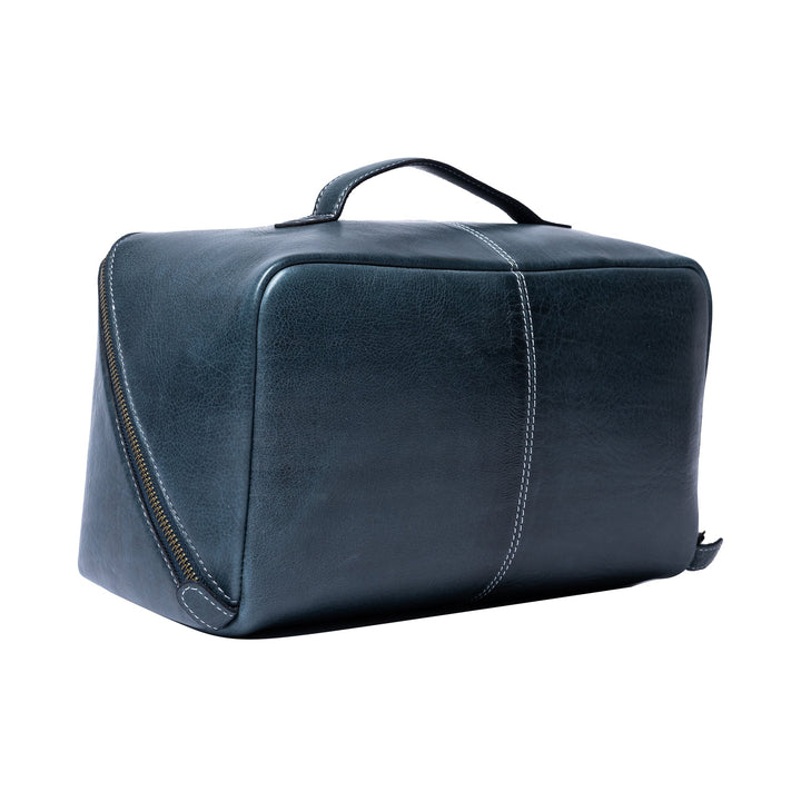 Blue leather yarn bag on a white background