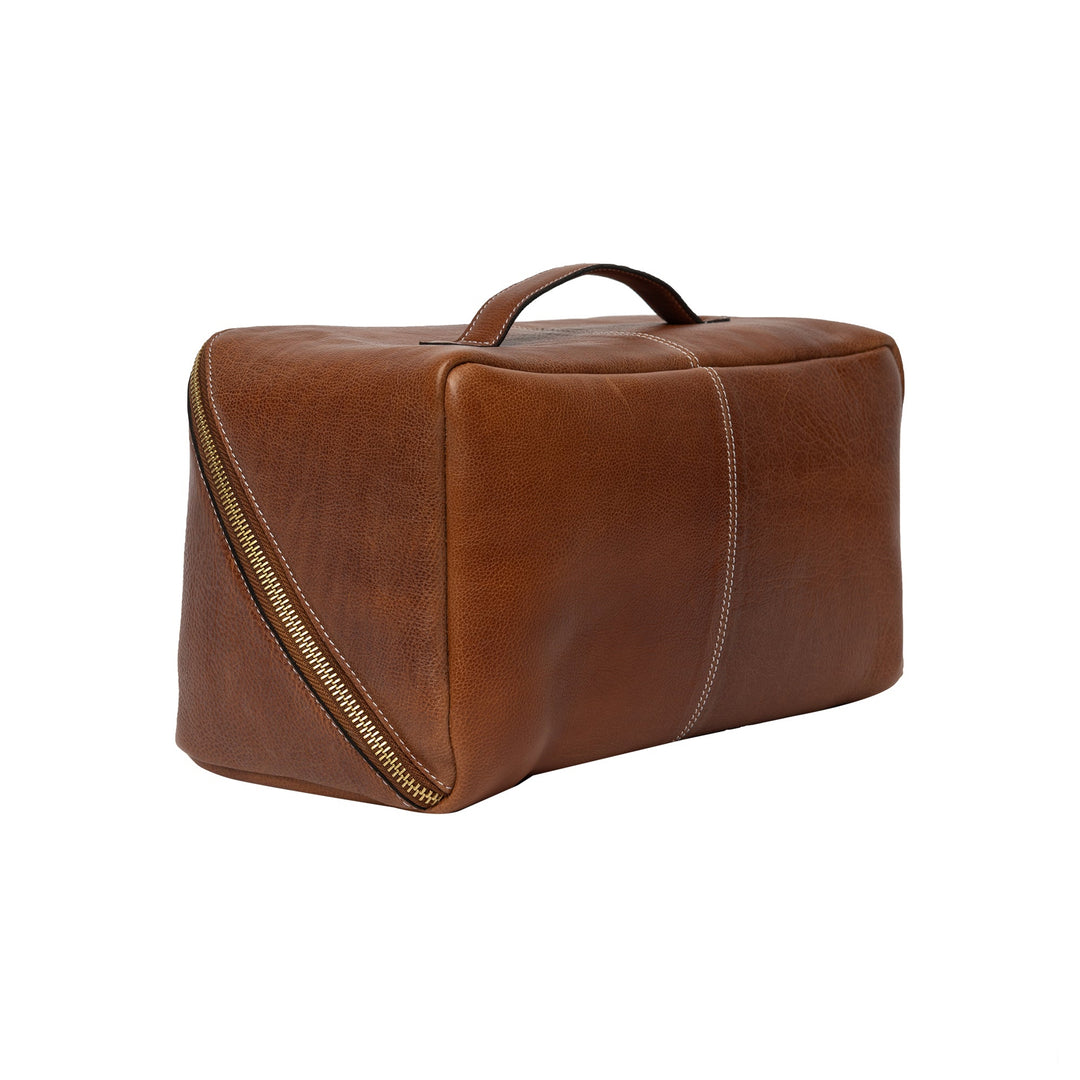 Brown leather yarn bag with a zipper on a white background