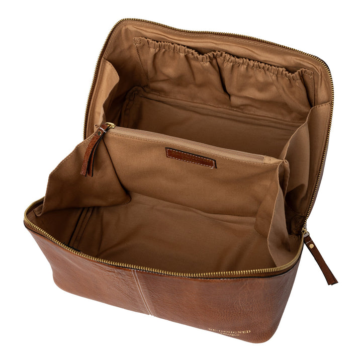 Brown leather yarn bag with open compartments on a white background
