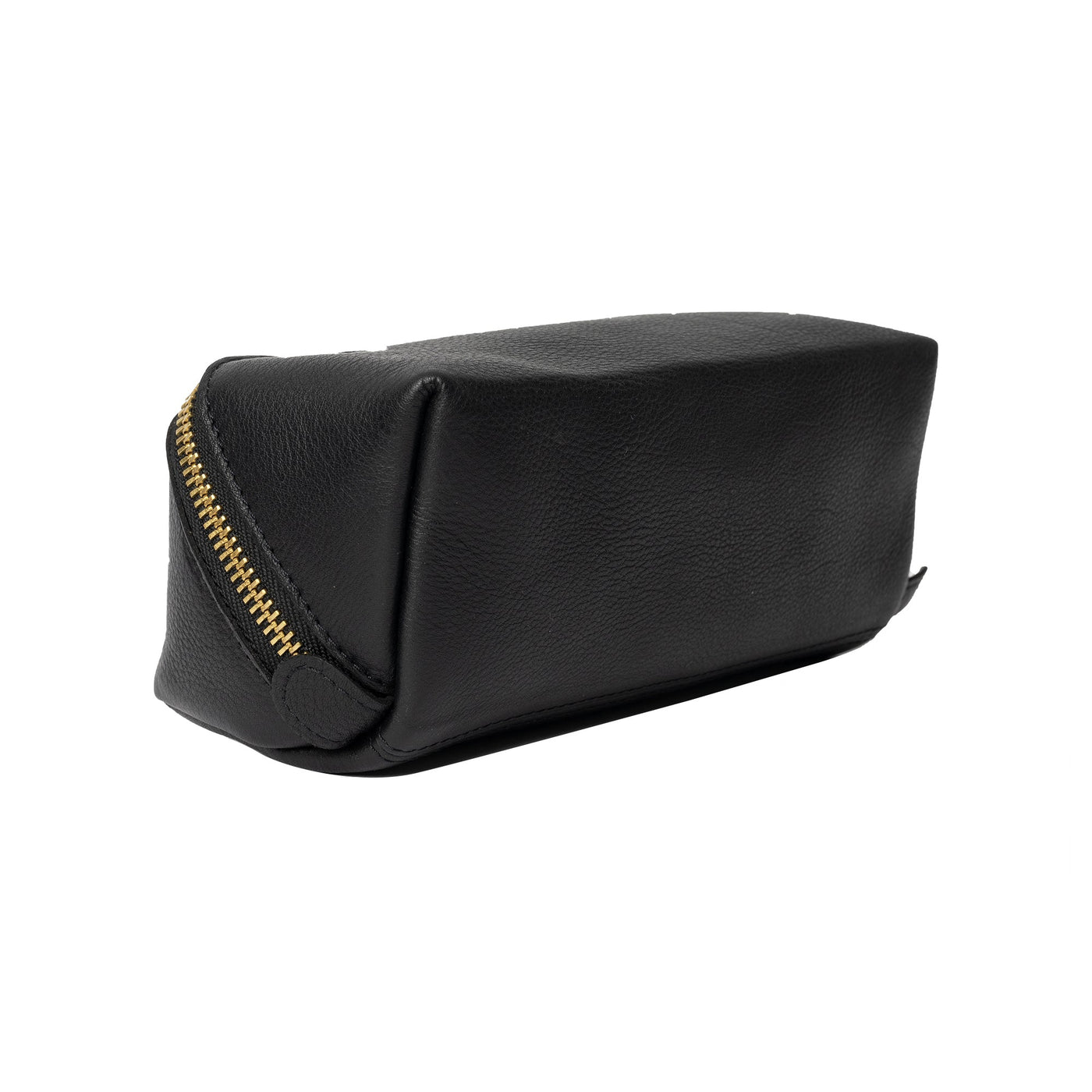 Black toiletry bag with gold zipper on a white background