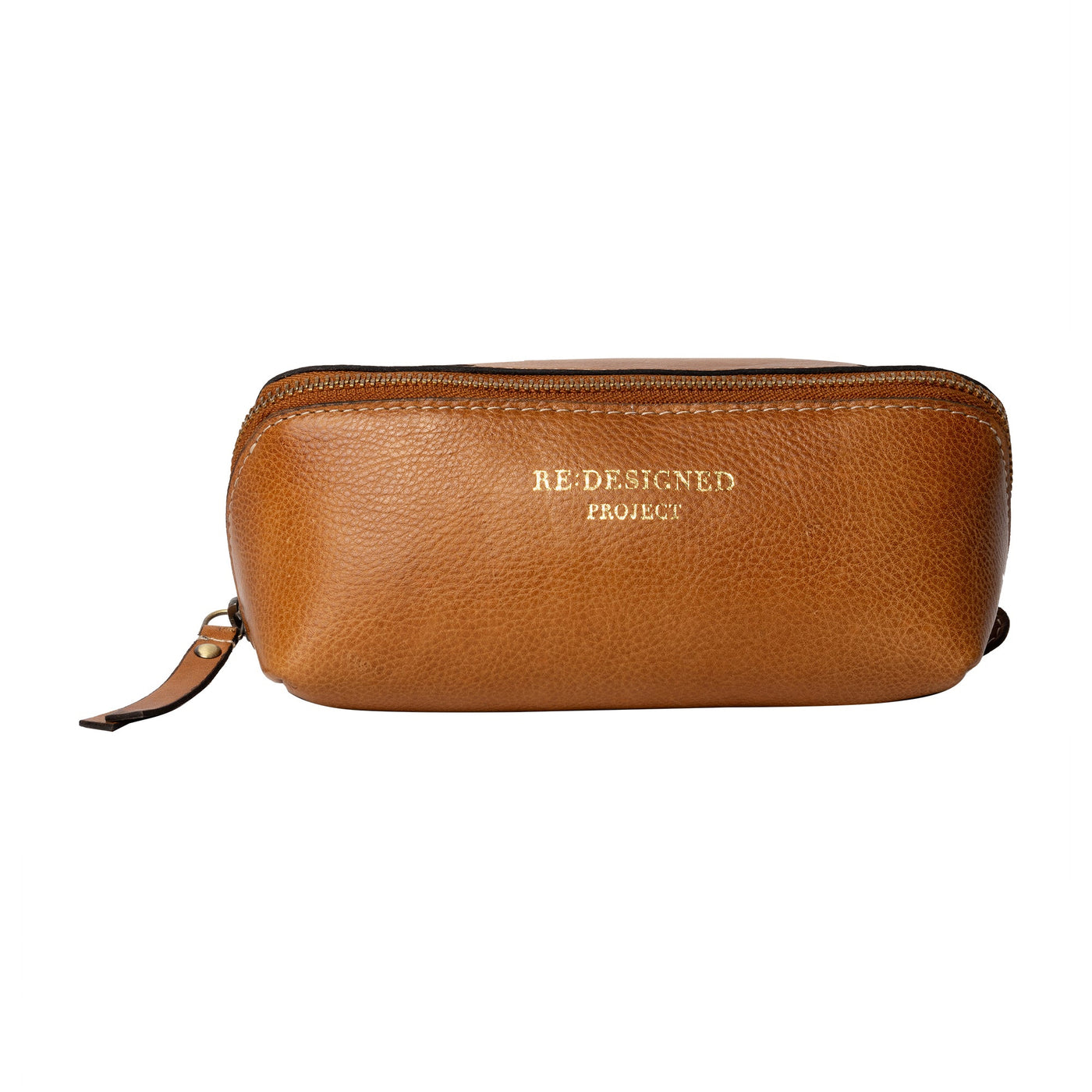 Brown leather pouch with 'RE DESIGNED PROJECT' text on a white background