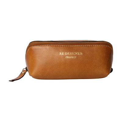 Brown leather pouch with 'RE DESIGNED PROJECT' text on a white background