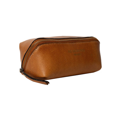Brown leather pouch with a zipper on a white background
