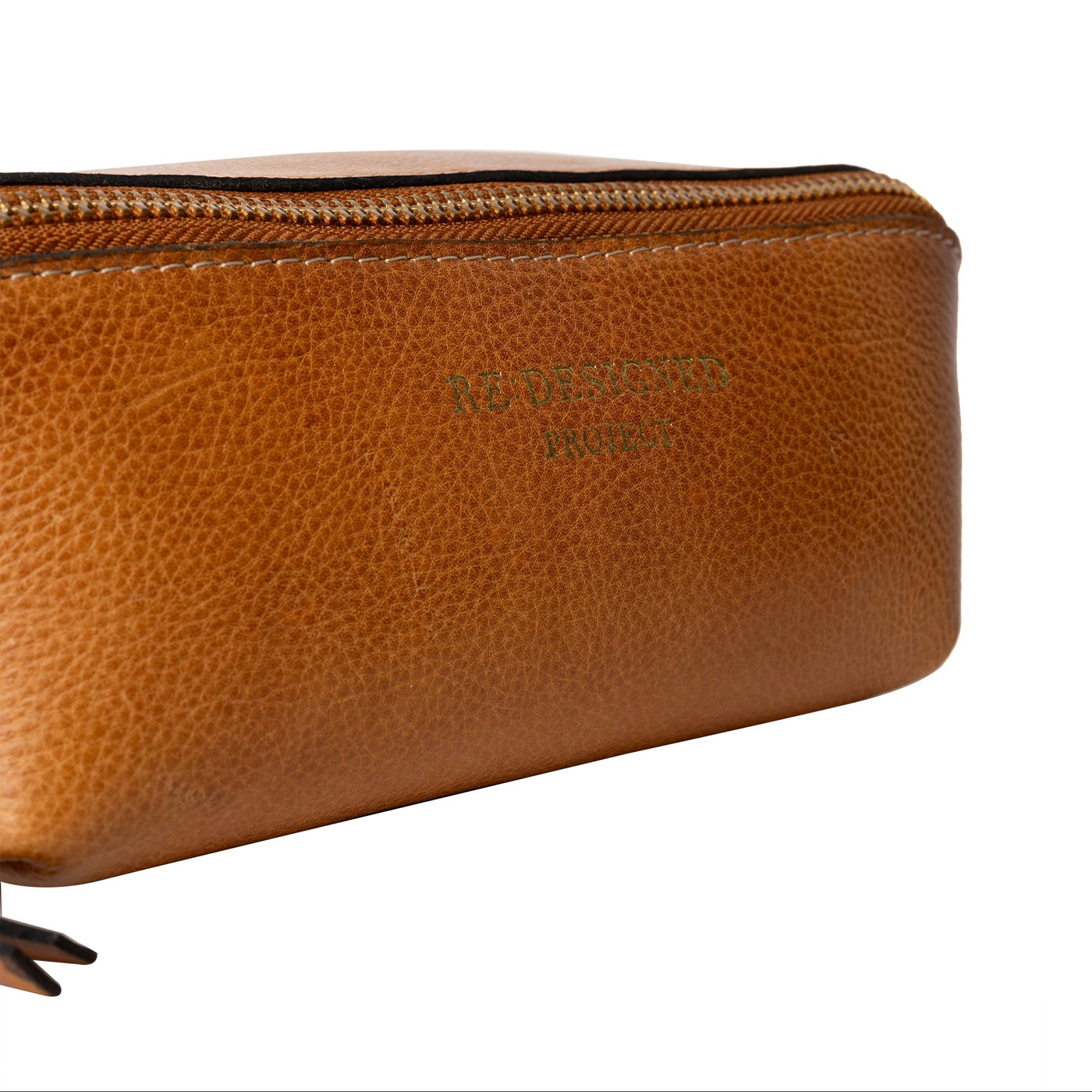 Brown leather pouch with a brand logo on a white background