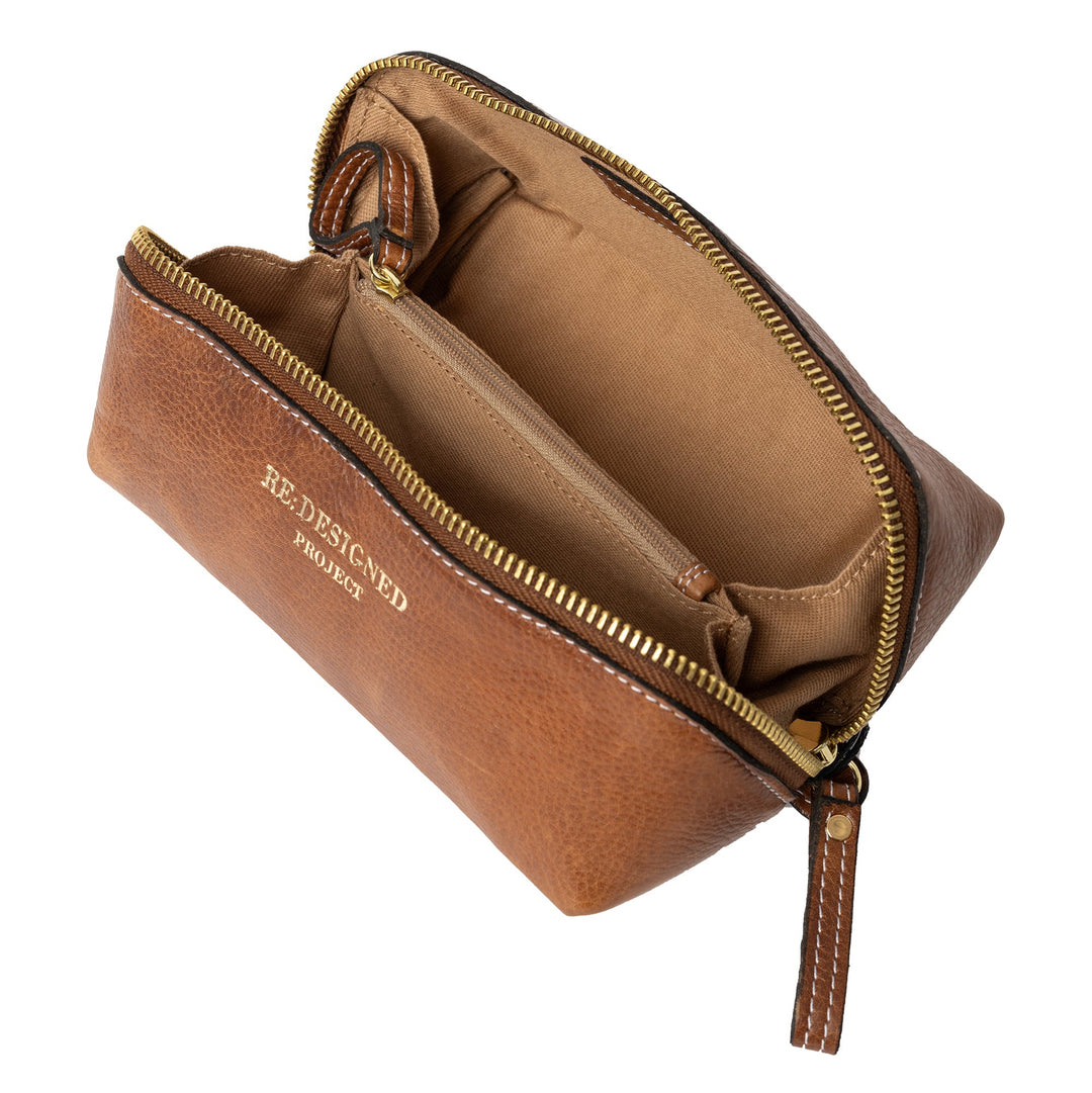 Brown leather pouch with gold zipper on a white background