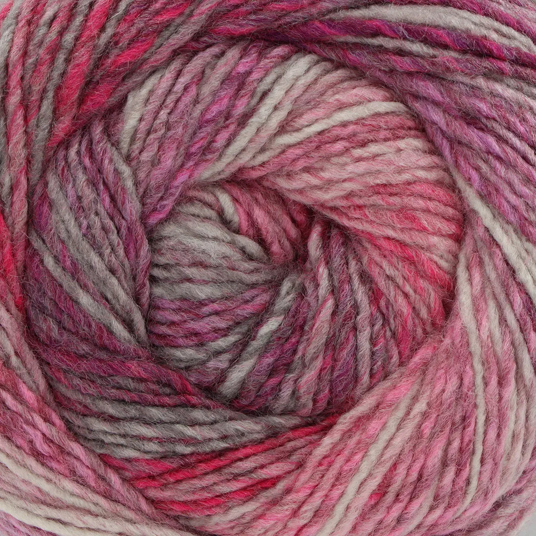 Close-up of a skein of pink and gray yarn