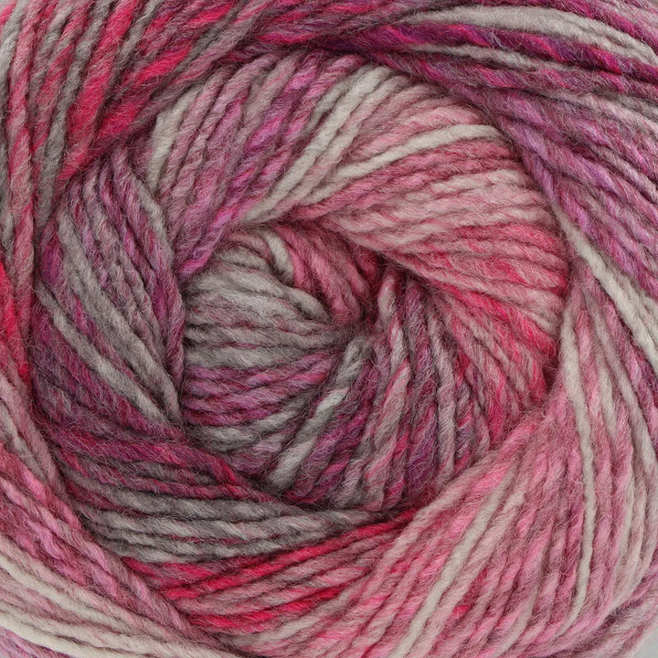 Close-up of a skein of pink and gray yarn