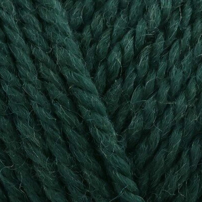 A close-up texture shot of dark forest green yarn, showing the twisted ply structure and soft, fuzzy fibers.