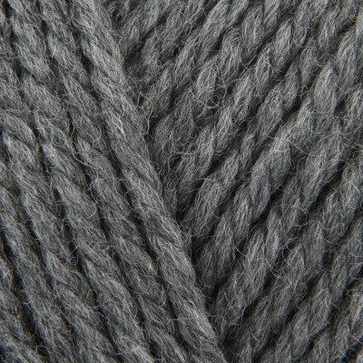 A close-up texture shot of dark gray plied yarn, showing the twisted fibers and soft heathered gray color.