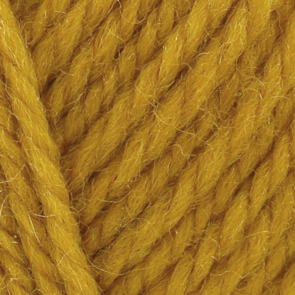 A close-up texture shot of twisted wool yarn in a warm mustard yellow color.