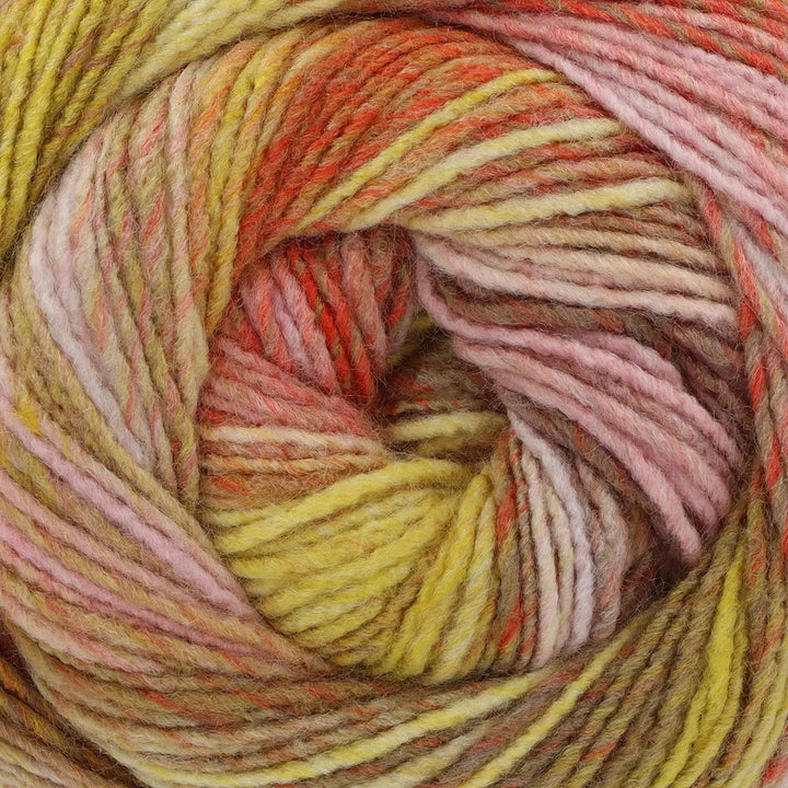 Close-up of a skein of multicolored yarn with shades of pink, yellow, and orange.