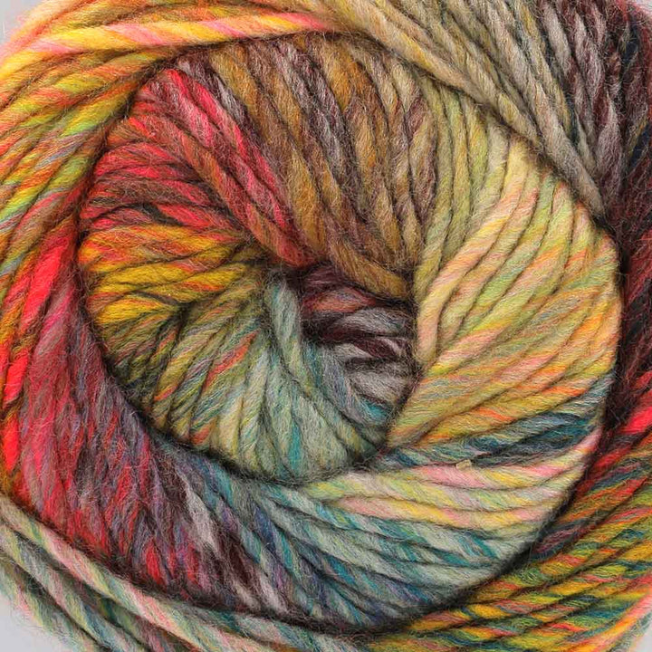 Multicolored skein of yarn with a gradient of red, orange, yellow, green, and brown.