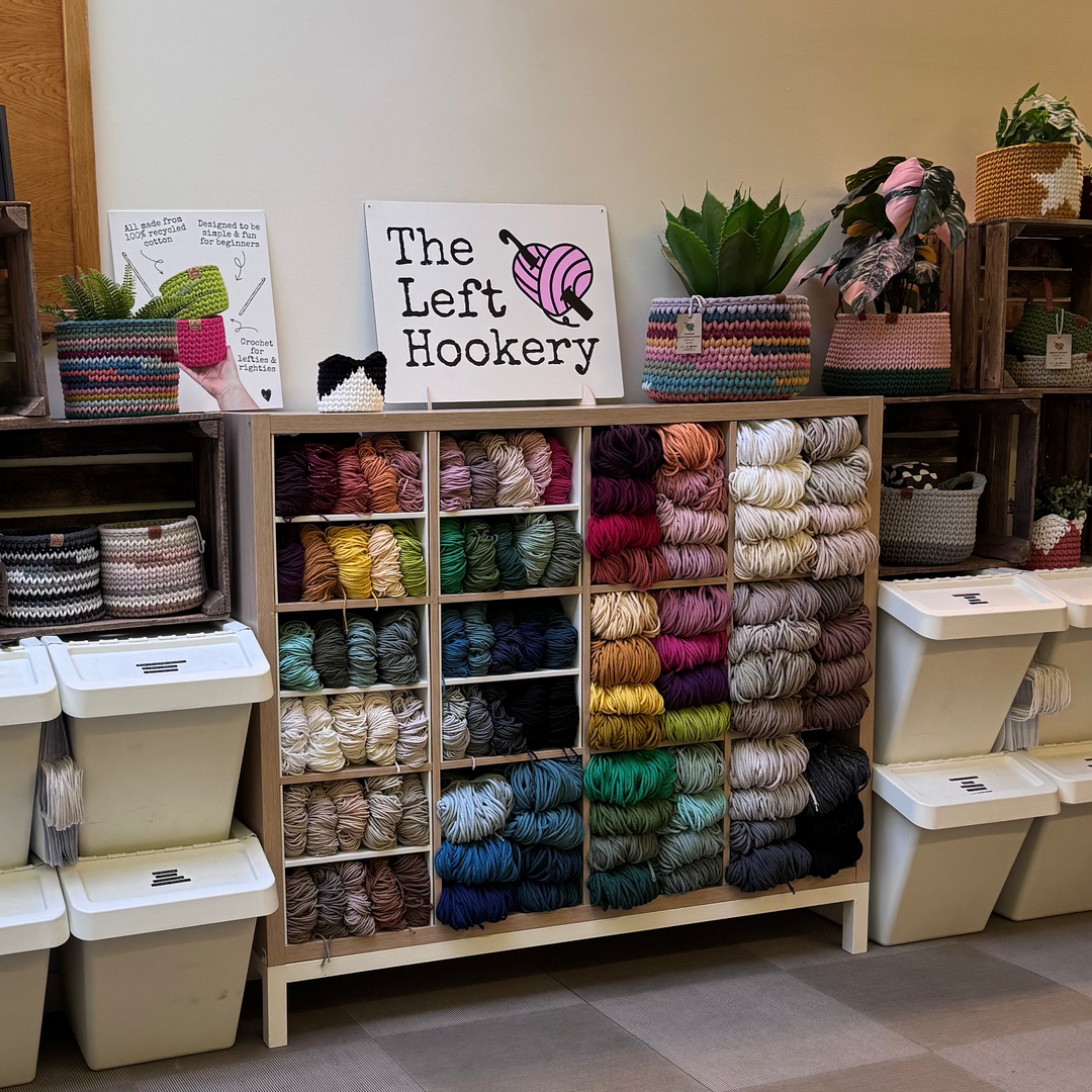 Super chunky yarn stored in an open unit at a yarn show