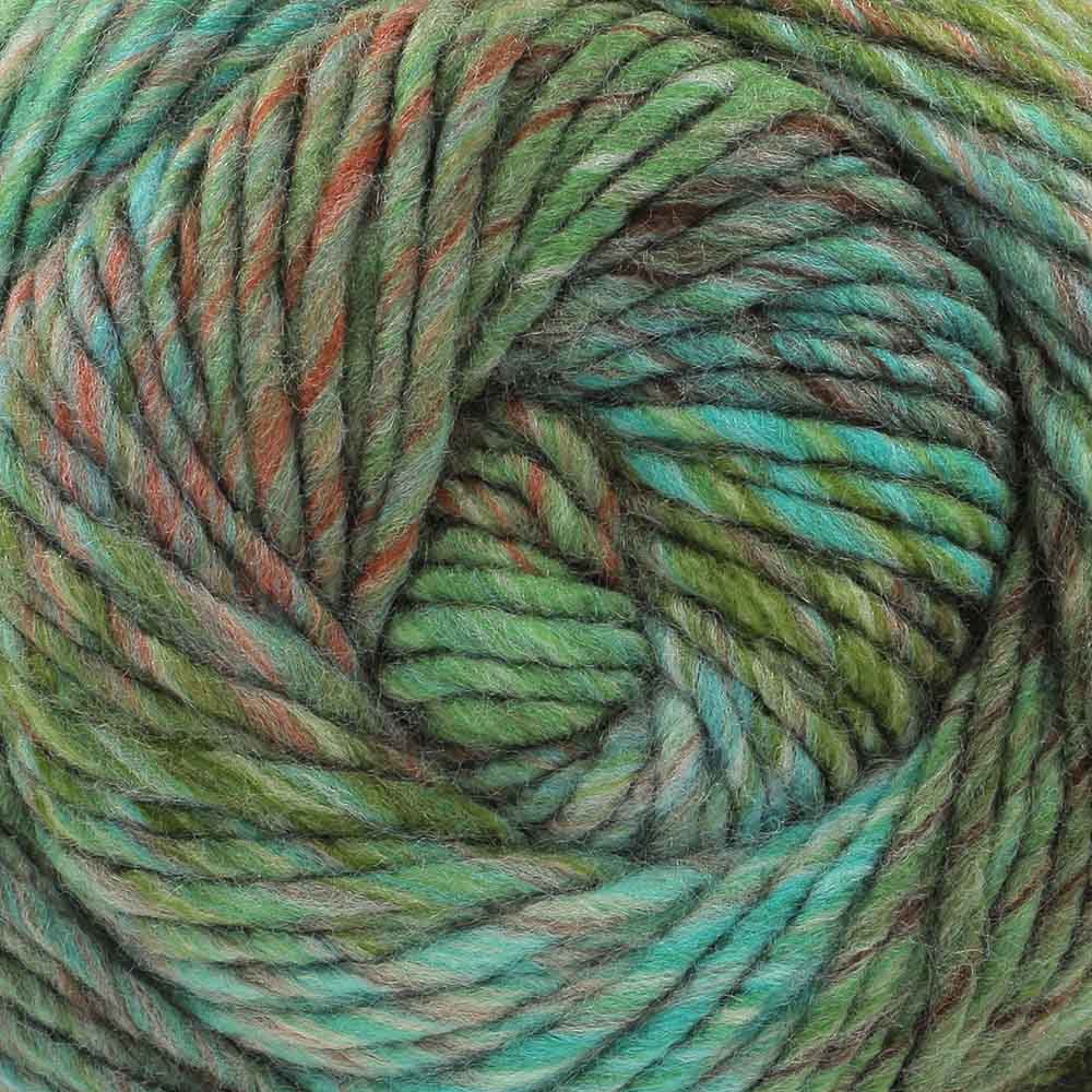 Close-up of a skein of green yarn with brown and orange accents