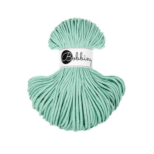 Mint green yarn ball with 'Bobbiny' label on a white background