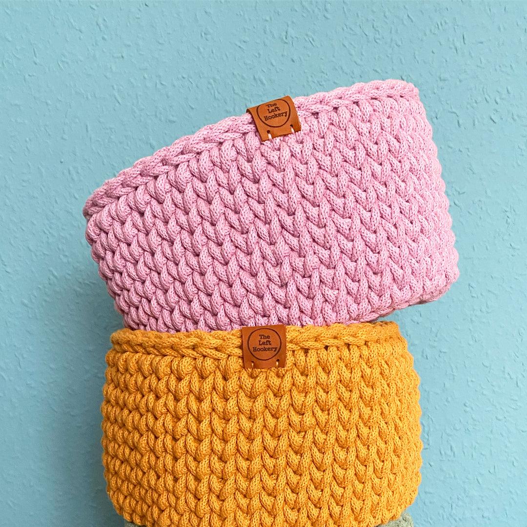 knitted look crochet storage baskets